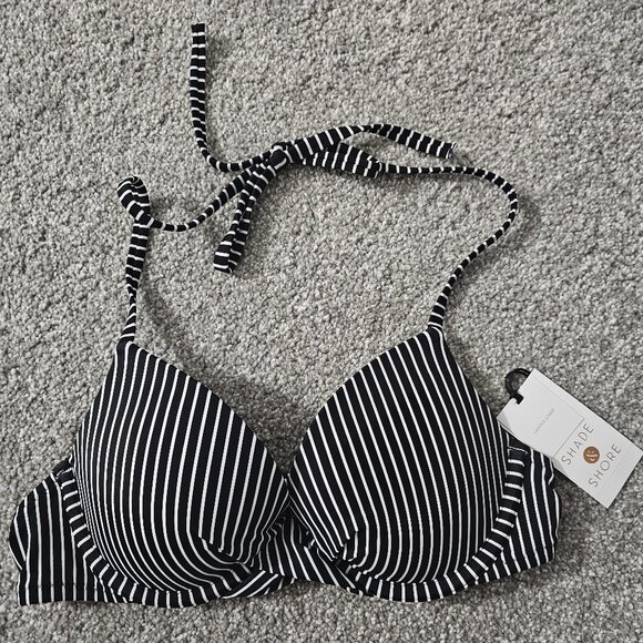 SHADE & SHORE black/white BIKINI TOP striped LIGHTLY LINED underwire - Picture 2 of 7
